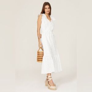 Polo Ralph Lauren Linen Ruffled Eyelet Midi Dress, White, NWT, Size 4